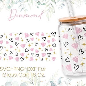 May include: A clear glass can with a bamboo lid and a pink and black diamond pattern. The can is 16 ounces and has a straw.