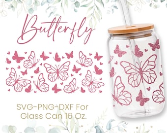 16 Unzen Schmetterling Libbey Glasdose, Glasdose voll wickeln, Schmetterlinge, Abschlussfeier, geformtes Bier, Tier, SVG, Cricut Dateien