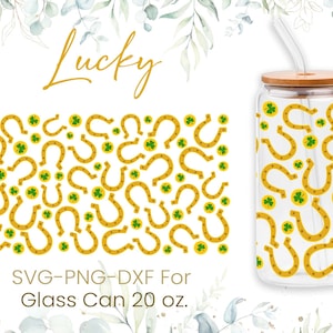 20oz Lucky Shamrock Libbey Glass Can Svg, Glass Can Full Wrap Svg, St. Patrick&#39;s Day, Shamrock,Lucky, Shaped Beer Glass Can,Png,Cricut Files