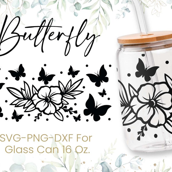 16oz Wild Flower Libbey Glass Can Svg, Glass Can Full Wrap Svg, Butterflies Svg, Flowers Svg, Shaped Beer,Butterfly Svg, Svg,Png,Cricut File