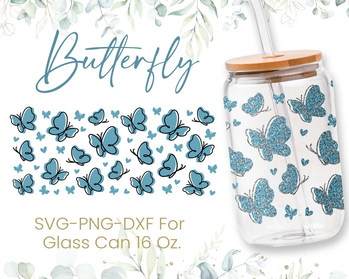 16oz Butterfly Libbey Glass Can Svg, Glass Can Full Wrap Svg ...