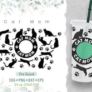 24オンス キャットママ コールドカップ SVG、ベンティ フルラップ SVG、キャットママ SVG、プレサイズ コールドカップ、キャットママ カップ SVG、Png、Cricut カット ファイル