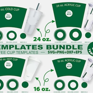 Pode incluir: Um conjunto de quatro modelos de caneca de café imprimíveis para canecas de 16 e 24 onças. Os modelos incluem um design de envoltório completo, uma borda dupla, uma borda simples e um círculo interno. Os modelos estão disponíveis nos formatos SVG, PNG, DXF e EPS.