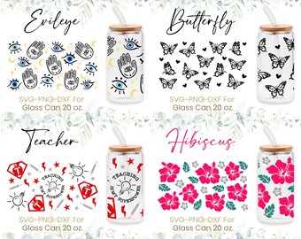 20oz Libbey glas kan SVG bundel, boze oog, vlinder, bloem, glas kan volledige wrap SVG, leraar SVG, koffieglas, SVG, PNG, Cricut-bestanden