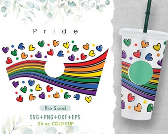 May include: A 24 ounce cold cup with a rainbow and heart design. The design includes a rainbow stripe pattern with hearts scattered around the cup. The text "Pride" is at the top of the design and "Pre Sized SVG+PNG+DXF+EPS 24 oz. COLD CUP" is at the bottom.