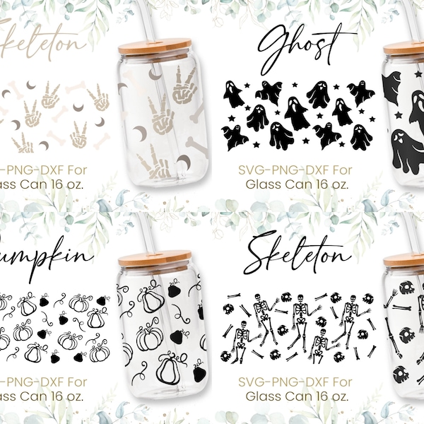 16oz Halloween Libbey Glass Can Svg Bundle, Skeleton Hand, Ghost Glass Can Svg, Pumpkin Svg, Skeleton Svg, Coffee Glass Can,Digital Download