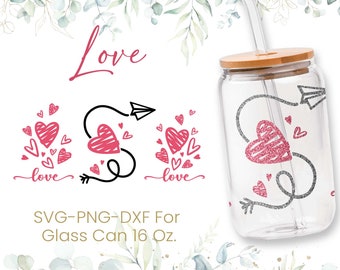 16oz Love Heart Libbey Glass Can Svg, Glass Can Wrap Svg, Coffee Glass Can, Beer Glass Can, Love, Valentines Glass Can, Svg, Png, Cricut