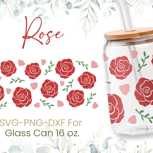 16oz Rose Libbey Glass Can Svg, Glass Can Full Wrap Svg, Coffee Can Glass, Svg, Flower Svg, Love Seamless Full Wrap,Png,Cricut Files