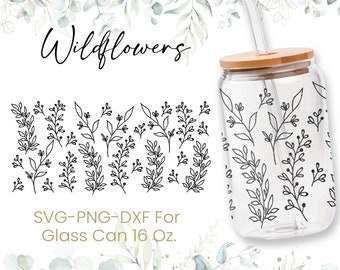 16oz flor silvestre Libbey vidrio lata svg, vidrio lata full wrap svg, café lata vidrio, svg, línea flor svg, envoltura completa sin costuras salvaje,png,cricut