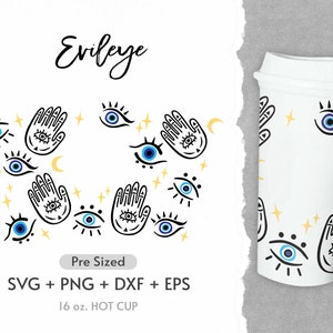 16oz Evil Eyes Hot Cup Svg, Evil Eyes Svg, Hot Cup Wrap Svg, Koffie Hot Cup Svg, Evil Eye Svg, Pre Sized Cup Svg, Volledige Wrap Svg Png Dxf