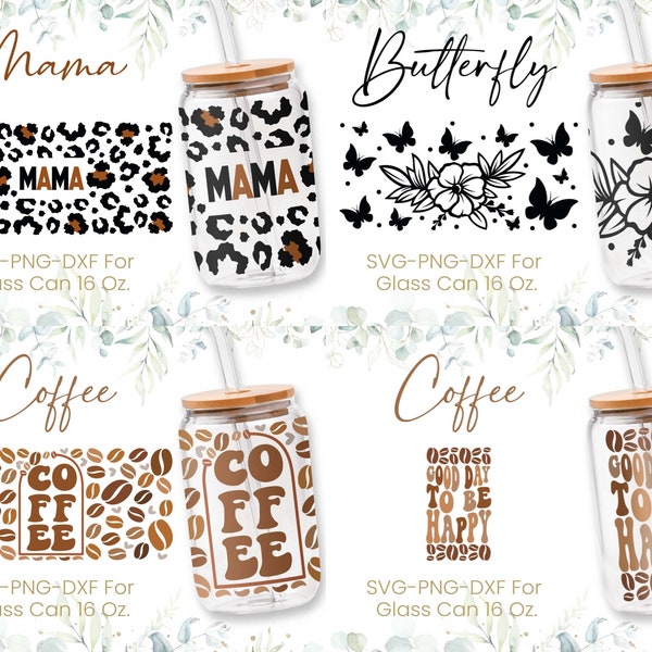 16oz Libbey Glass Can Svg Bundle, Wild Flower, Mama, Leopard, Coffee, Glass Can Full Wrap Svg, Butterflies, Flowers, Shaped Beer, Svg,Png