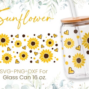 16oz Sunflower Libbey Glass Can Svg, Floral Coffee Glass Can, Beer Glass Svg, Flower Svg,Love Seamless Full Wrap, Cut File,Cricut,Silhouette