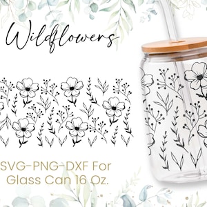 16oz Wildflower Libbey Glass Can Svg, Glass Can Full Wrap Svg, Coffee Can Glass, Svg, Flower Svg, Love Seamless Full Wrap,Png,Cricut Files