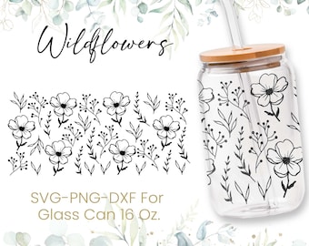 16 Unzen Wildflower Libbey Glas Dose, Glas Dose voller Wrap, Kaffee kann Glas, SVG, Blume svg, Liebe Seamless Full Wrap, Png, Cricut Files