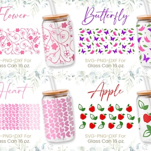 16oz Libbey Glass Can Svg Bundle, Apple, Butterfly, Heart, Flower, Wildflower, Love, Glass Can Wrap Svg, Coffee Glass Can, Svg, Png, Cricut