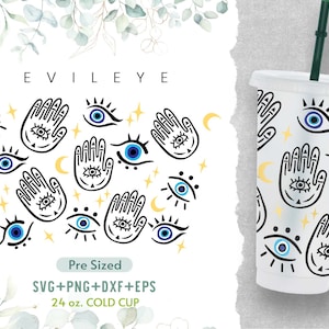 24oz Evil Eyes No Hole  Cup Svg, Venti Cold Cup Svg, No Hole Evil Eyes Svg, Hamsa Svg, Evil Eye Svg, Decal Perfect Fit for Venti