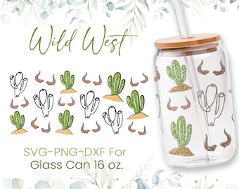 16oz Cactus Libbey Glass Can Svg, Glass Can Full Wrap Svg, Desert Boho Svg, Cup Svg, Shaped Beer Glass, Western Art Svg, PNG, Cricut Files