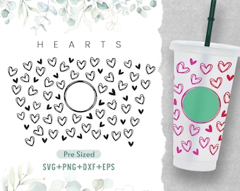 24oz Hearts Cold Cup Svg, Venti Full Wrap Svg, Hearts Svg, Heart Svg, Love Svg, Cold Cup Svg, Sketchy Hearts, Cute Hearts Doodle Svg