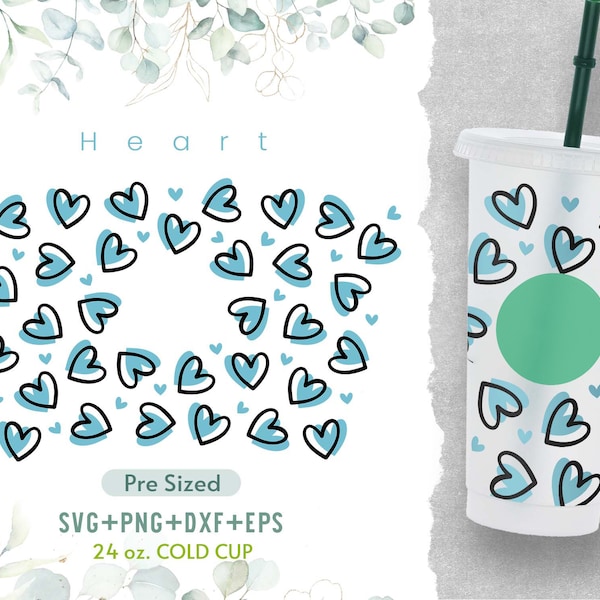 24oz Hearts Cold Cup Svg, Venti Full Wrap Svg, Hearts Svg, Heart Svg, Love Svg, Cold Cup Svg,Sketchy Hearts,Cute Hearts Doodle Svg