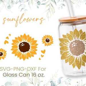 16oz Sunflower Libbey Glass Can Svg, Floral Coffee Glass Can, Beer Glass Svg, Flower Svg,Love Seamless Full Wrap, Cut File,Cricut,Silhouette