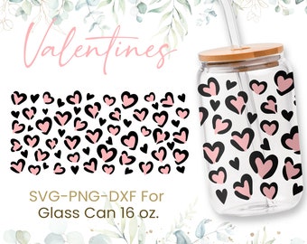 16oz Hearts Pattern Libbey Glass Can Svg, Glass Can Wrap Svg, Coffee Glass Can, Sketchy Hearts, Cute Hearts Doodle, Valentines Glass Can,Svg