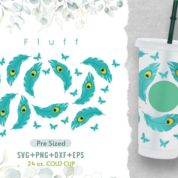 24oz Peacock Feather Cold Cup Svg, Venti Full Wrap Svg, Exotic Bird Feather, Pre Sized Cold Cup, Seamless Feathers, Cutting File