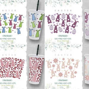 May include: Four digital designs featuring Easter bunnies in different patterns. The designs are for 24 ounce cold cups. The designs include bunnies with hearts, bunnies with eggs, bunnies with a leopard print, and bunnies with flowers.