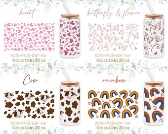 20 Unzen Libbey Glasdose SVG Bundle, Regenbogen, Schmetterling, Blume, Herz, Kuh, Glasdose Full Wrap