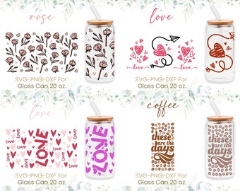 20oz Libbey glas kan SVG bundel, Rose, bloem, liefde, koffie, hart, glas kan volledige wrap SVG, bierblik glas, Valentines volledige wrap, SVG, PNG