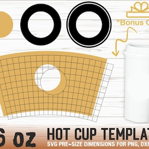 May include: A template for a 16 oz hot cup with a grid pattern for sublimation design. The template includes a bonus grid for additional design options.  SVG pre-size dimensions for PNG, DXF, EPS.