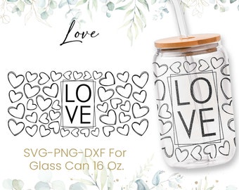 16oz Love Libbey Glass Can Svg, Glass Can Full Wrap Svg, Kisses Svg, Valentijnsdag, Hart Svg, Gevormd Bierglas, Moeder Svg, Svg, Png, Cricut Bestanden