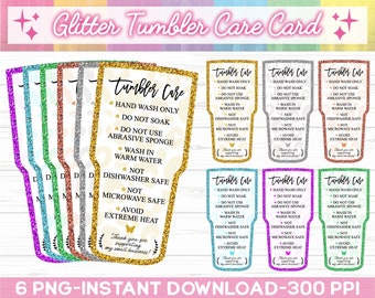 May include: Six colorful glitter tumbler care cards with a leopard print design. The cards have instructions for hand washing, not soaking, not using abrasive sponges, washing in warm water, not dishwasher safe, not microwave safe, and avoiding extreme heat. The text "Thank you for supporting my small business!" is at the bottom of the cards.
