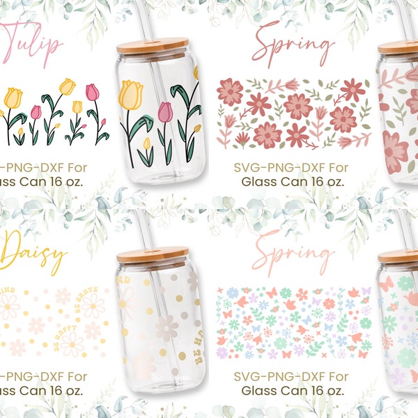 16oz Spring Libbey Glass Can Svg Bundle,Glass Can Full Wrap Svg, Butterfly Can Glass, Svg, Tulips Svg, Line Flower, Be Kind Svg,Be Happy Svg