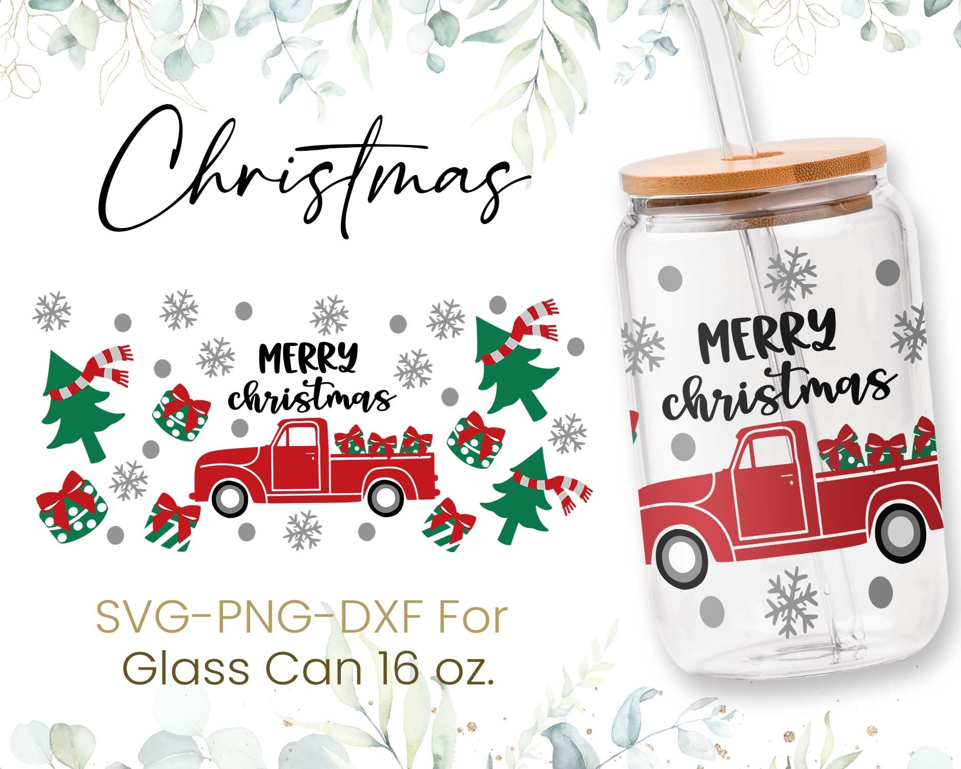 16oz Merry Christmas Libbey Glass Can Svg, Glass Can Full Wrap Svg ...