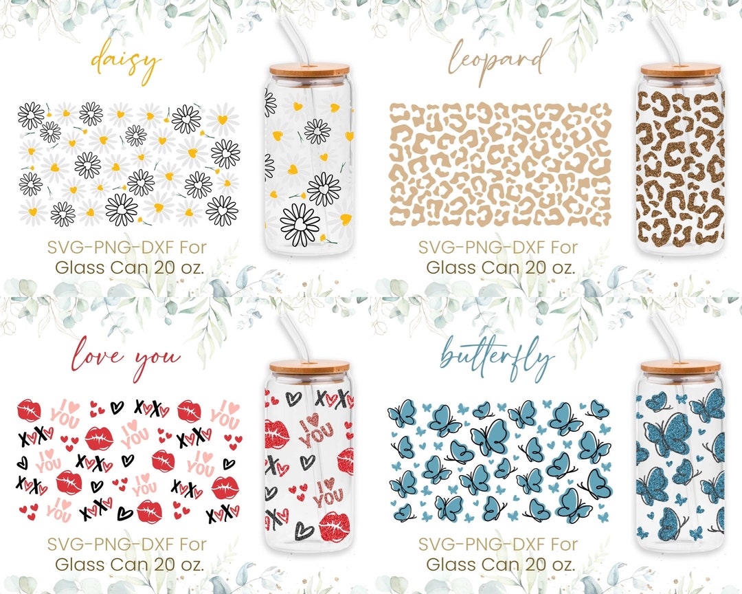20oz Libbey Glass Can Svg Bundle, Daisy, Butterfly, Leopard, Love ...