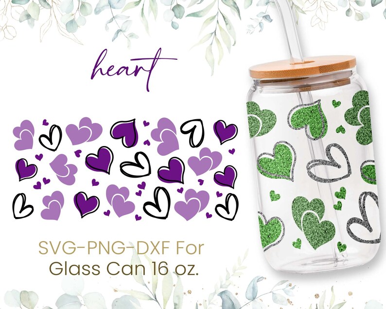 16oz Hearts Libbey Glass Can Svg, Glass Can Full Wrap Svg, Hearts Svg ...
