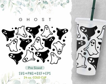 24oz Ghost No Hole Cold Cup Svg, Venti Cold Cup Svg, Ghost Svg, Pumpkin Svg, Pre Sized Svg, Decal Perfect Fit for Venti,Full Wrap Svg,Cricut