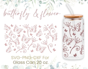 20 Unzen Schmetterling Libbey Glasdose svg, Glasdose voll wickeln svg, Schmetterlinge svg, Bierglasdose svg, Kaffeeglas wickeln, svg, Png, Cricut Dateien