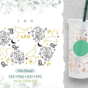24oz  Leo Cold Cup Svg, Venti Cold Cup Svg, Astrology Svg, Zodiac Star Sign Svg, Pre Sized Svg, Decal Perfect Fit for Venti, Cricut