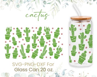 20oz Cactus Libbey Glass Can Svg, Glass Can Full Wrap Svg, Boho Svg, Succulent Coffee Svg, Cactus Svg, Coffee Glass Wrap, Cricut Files