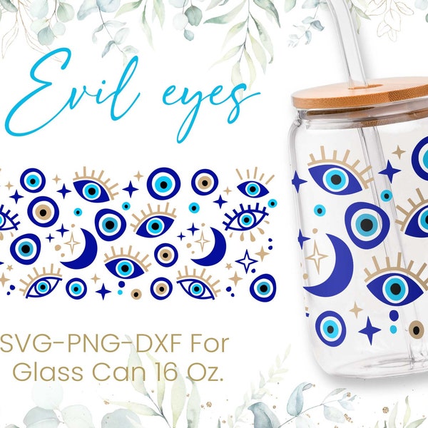 16oz Evil Eyes Libbey Glass Can Svg, Evil Eye Glass Can Wrap Svg,Hamsa Hand Svg,Coffee Glass Can Svg,Cutfile, Svg Png Files,Digital Download