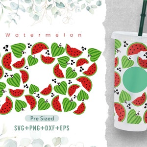 May include: A digital design featuring a pattern of watermelon slices and green leaves in a heart shape. The design is shown on a white background and on a white cup with a green straw. The text "Watermelon" and "Pre Sized" are included in the design. The text "SVG+PNG+DXF+EPS" is also included in the design.