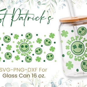 16oz St Patrick&#39;s Day Libbey Glass Can Svg,Happy Go Lucky Glass Can Full Wrap Svg,St. Patrick&#39;s Day,Shamrock,Lucky,Shaped Beer Glass Can Svg