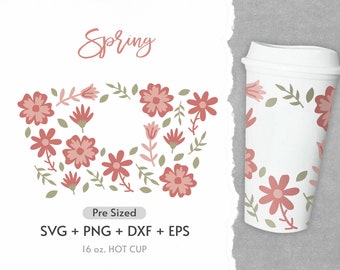 16oz Spring Hot Cup Svg, Full Wrap Hot Cup Svg, Decal Full Wrap Svg, Tulips Svg, Spring Svg, Floral, Line Flower, Wildflower, Roses Png