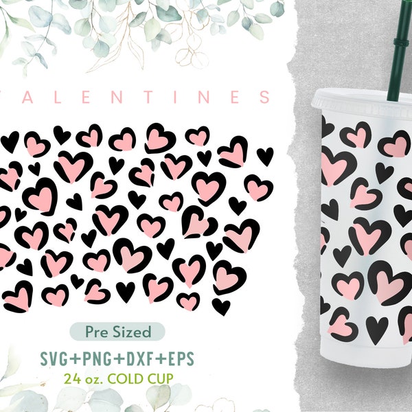 24oz Hearts No Hole Coffee Cold Cup Svg, Venti Full Wrap Svg, Hearts Svg, Heart Svg, Love Svg,Cold Cup Svg,Sketchy Hearts,Cute Hearts Doodle