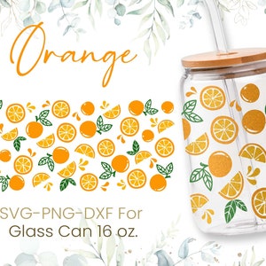 16 Unzen Orange Libbey Glas Dose, Orange Glas Dose Wrap, Orange Muster SVG, Kaffee Glasdose, Orange Obst grünes Blatt Aufkleber, Png