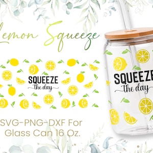 May include: A clear glass can with a bamboo lid and a straw. The can has a lemon pattern and the text "Squeeze the day" on it. The can is 16 fluid ounces.