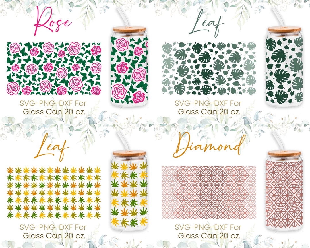 20oz Libbey Glass Can Svg Bundle, Rose, Diamond, Glass Can Full Wrap ...