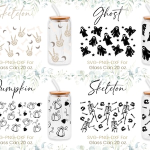 May include: Four designs for 20 oz glass can wraps.  The designs feature a skeleton, a ghost, a pumpkin, and a skeleton with bones.  SVG-PNG-DXF for glass can 20 oz.