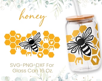 16oz Honeycomb Libbey Glass Can Svg, Cow Glass Can Wrap Svg, Bumble Bee Svg,Beer Glass Can Svg,Bees Libbey Wrap Svg,Svg Dxf Png Files,Cricut